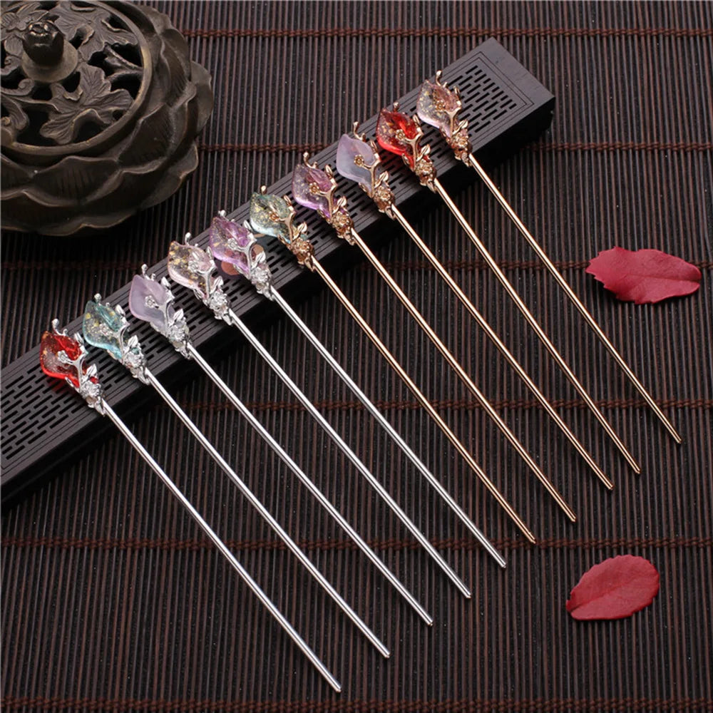 Vintage Chinese Style Hanfu Hair Stick Women Metal Glaze Hair Fork Hair Chopsticks Hairpin Woman Jewelry Hair Clip Accessories