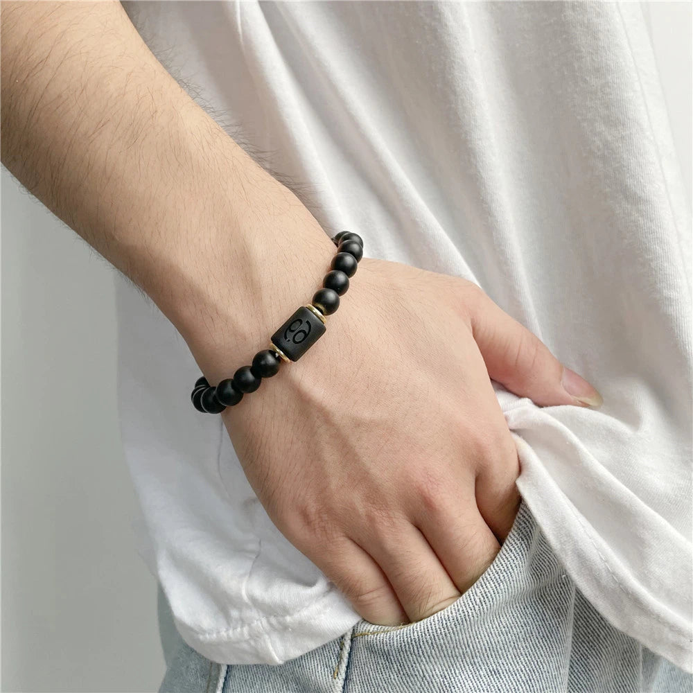 Fashion Zodiac Bracelets For Women Men Matte Black Agate Beads Wristbands Couple Gifts Jewelry Beaded Bracelets